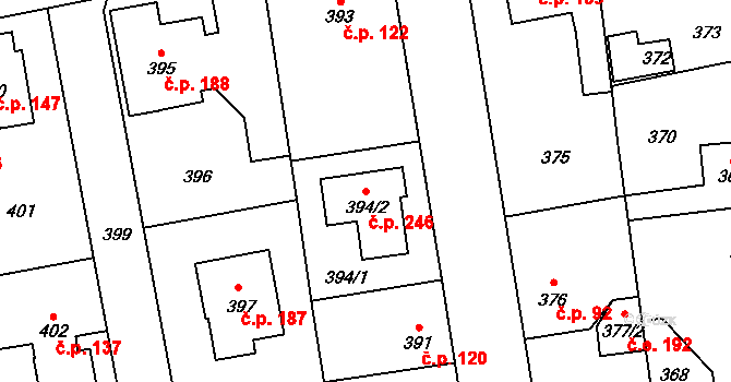 Šeberov 246, Praha na parcele st. 394/2 v KÚ Šeberov, Katastrální mapa