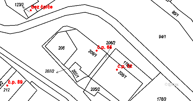Tušť 65, Suchdol nad Lužnicí na parcele st. 206/1 v KÚ Tušť, Katastrální mapa