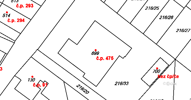 Podhůří 475, Vrchlabí na parcele st. 699 v KÚ Podhůří-Harta, Katastrální mapa