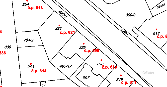 Hodolany 599, Olomouc na parcele st. 225 v KÚ Hodolany, Katastrální mapa
