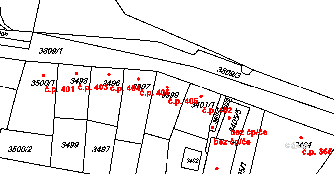 Jirkov 406 na parcele st. 3399 v KÚ Jirkov, Katastrální mapa