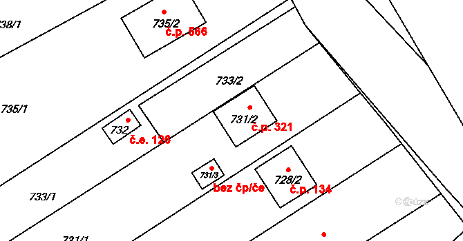 Želešice 321 na parcele st. 731/2 v KÚ Želešice, Katastrální mapa