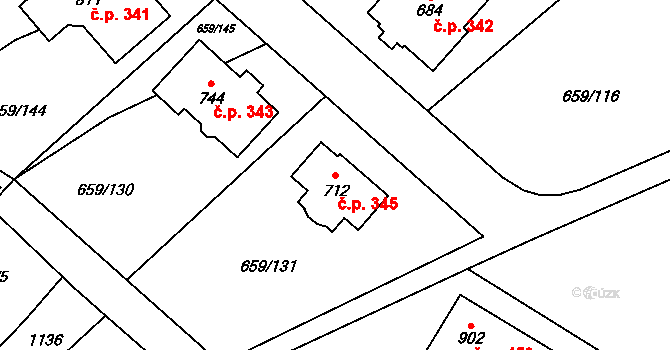 Psáry 345 na parcele st. 712 v KÚ Psáry, Katastrální mapa