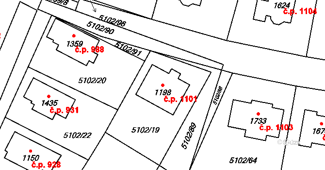 Hrušovany nad Jevišovkou 1101 na parcele st. 1198 v KÚ Hrušovany nad Jevišovkou, Katastrální mapa