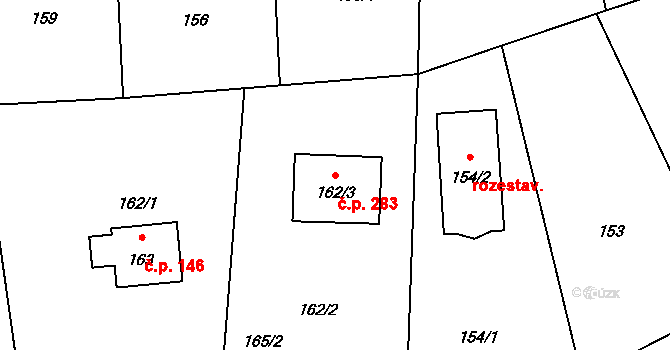 Černé Budy 283, Sázava na parcele st. 162/3 v KÚ Černé Budy, Katastrální mapa