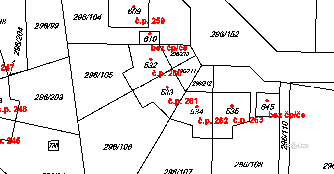 Libeř 261 na parcele st. 533 v KÚ Libeř, Katastrální mapa