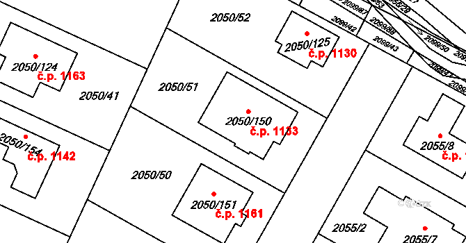 Sadská 1133 na parcele st. 2050/150 v KÚ Sadská, Katastrální mapa