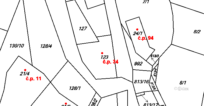 Lukoveček 34 na parcele st. 123 v KÚ Lukoveček, Katastrální mapa