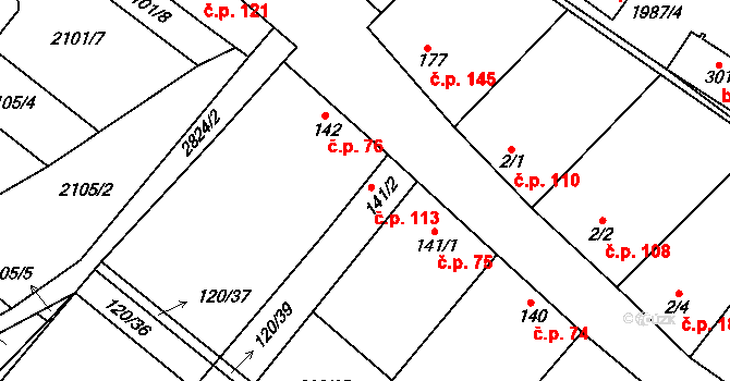 Drysice 113 na parcele st. 141/2 v KÚ Drysice, Katastrální mapa