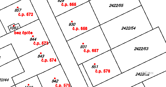 Polešovice 657 na parcele st. 931 v KÚ Polešovice, Katastrální mapa