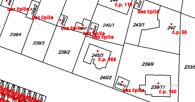Bukovec 184, Plzeň na parcele st. 245/3 v KÚ Bukovec, Katastrální mapa