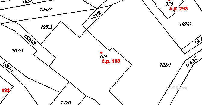 Rosice 118 na parcele st. 164 v KÚ Rosice u Chrasti, Katastrální mapa