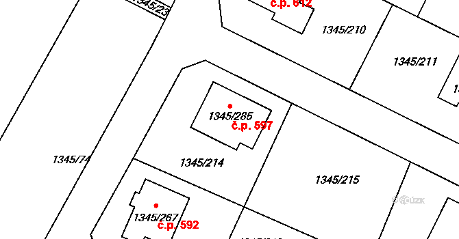 Pokratice 597, Litoměřice na parcele st. 1345/285 v KÚ Pokratice, Katastrální mapa