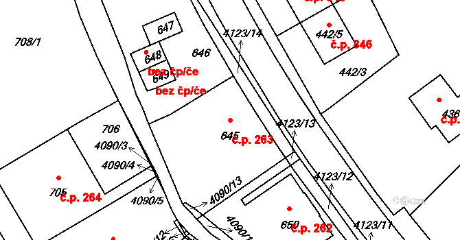 Nový Malín 263 na parcele st. 645 v KÚ Nový Malín, Katastrální mapa