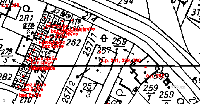 Město Touškov 389,390,391 na parcele st. 257/2 v KÚ Město Touškov, Katastrální mapa