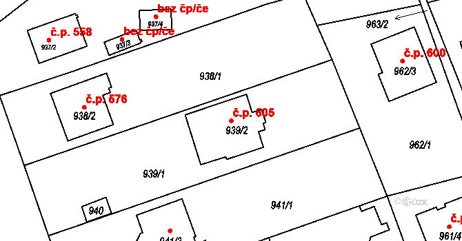 Tlučná 605 na parcele st. 939/2 v KÚ Tlučná, Katastrální mapa