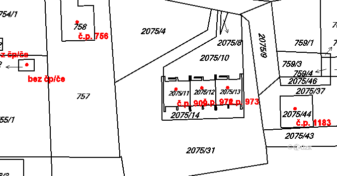 Třemošná 909 na parcele st. 2075/11 v KÚ Třemošná, Katastrální mapa