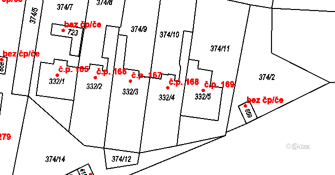 Rybitví 168 na parcele st. 332/4 v KÚ Rybitví, Katastrální mapa