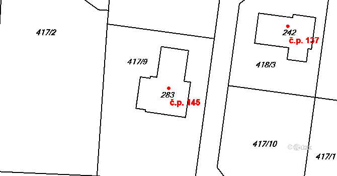 Boseň 145 na parcele st. 283 v KÚ Boseň, Katastrální mapa