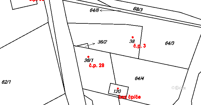 Boňkov 28 na parcele st. 36/1 v KÚ Boňkov, Katastrální mapa