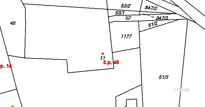Počátky 48, Chotěboř na parcele st. 11 v KÚ Počátky u Chotěboře, Katastrální mapa