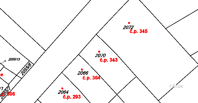 Hrušky 343 na parcele st. 2070 v KÚ Hrušky, Katastrální mapa
