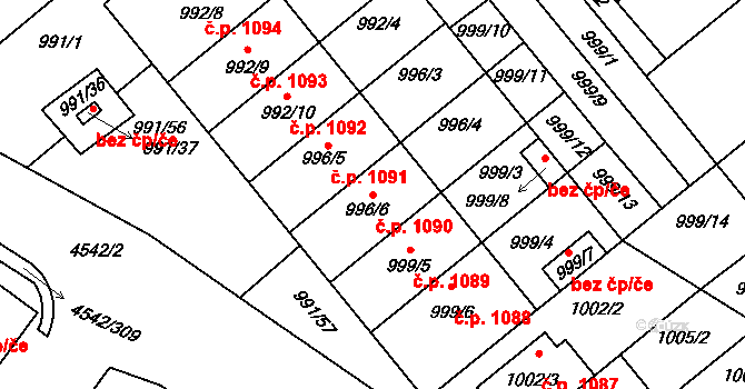 Hustopeče 1090 na parcele st. 996/6 v KÚ Hustopeče u Brna, Katastrální mapa