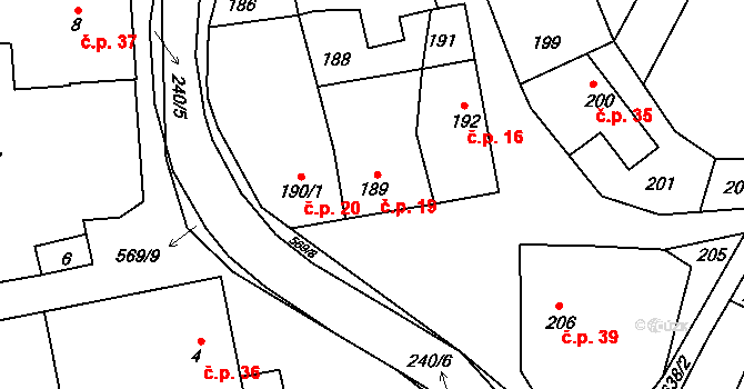 Blazice 19 na parcele st. 189 v KÚ Blazice, Katastrální mapa