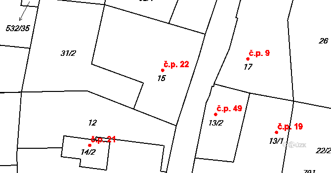Malinec 22, Kbel na parcele st. 15 v KÚ Malinec, Katastrální mapa