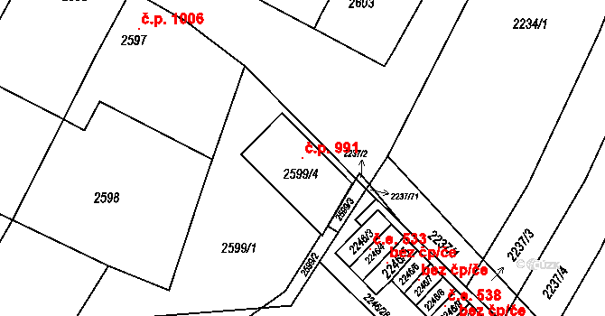 Rakšice 991, Moravský Krumlov na parcele st. 2599/4 v KÚ Moravský Krumlov, Katastrální mapa