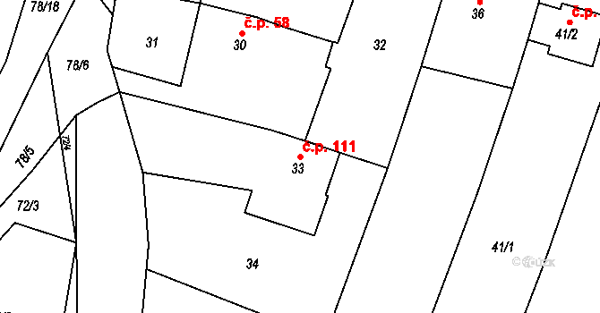 Lipová 111 na parcele st. 33 v KÚ Lipová u Přerova, Katastrální mapa