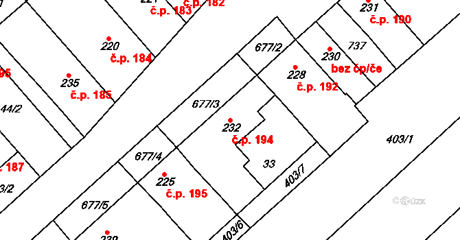 Lobodice 194 na parcele st. 232 v KÚ Lobodice, Katastrální mapa
