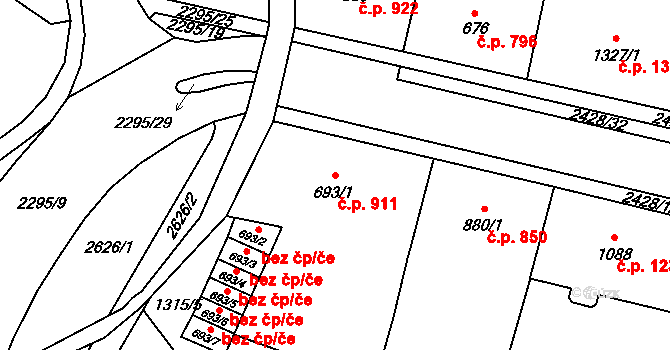 Jablonec nad Nisou 911 na parcele st. 693/1 v KÚ Jablonec nad Nisou, Katastrální mapa