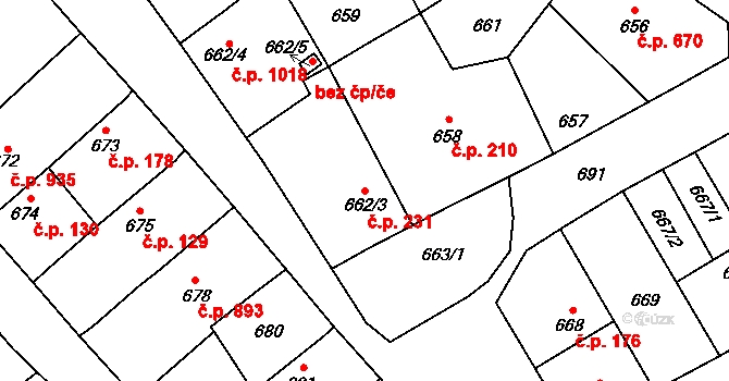 Lužice 231 na parcele st. 662/3 v KÚ Lužice u Hodonína, Katastrální mapa