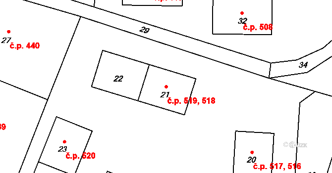 Moravský Beroun 518,519 na parcele st. 21 v KÚ Moravský Beroun, Katastrální mapa
