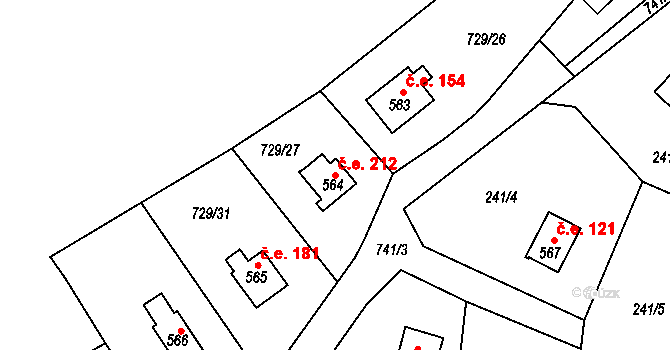 Javorník 212, Čtyřkoly na parcele st. 564 v KÚ Čtyřkoly, Katastrální mapa