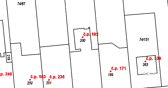 Hovorčovice 192 na parcele st. 200 v KÚ Hovorčovice, Katastrální mapa