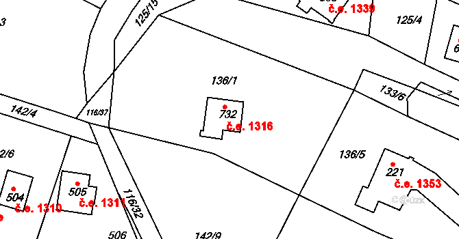 Ládví 1316, Kamenice na parcele st. 732 v KÚ Ládví, Katastrální mapa