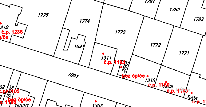 Brandýs nad Labem 1194, Brandýs nad Labem-Stará Boleslav na parcele st. 1311 v KÚ Brandýs nad Labem, Katastrální mapa