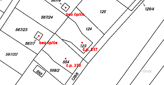 Donín 217, Hrádek nad Nisou na parcele st. 123 v KÚ Donín u Hrádku nad Nisou, Katastrální mapa