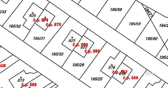Košťany 568 na parcele st. 822 v KÚ Košťany, Katastrální mapa