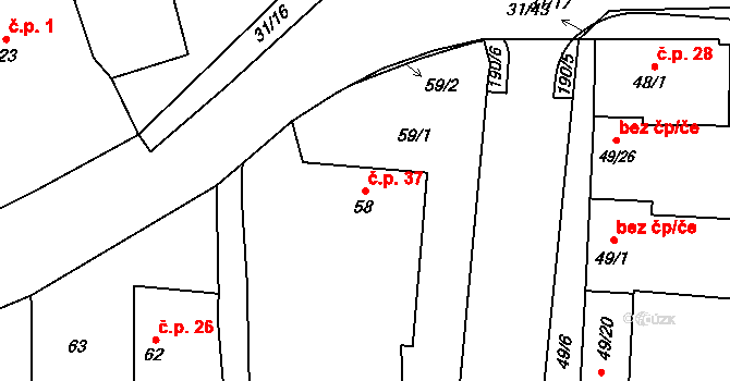 Hřibsko 37, Stěžery na parcele st. 58 v KÚ Hřibsko, Katastrální mapa