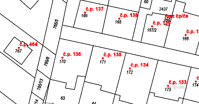 Hudlice 135 na parcele st. 171 v KÚ Hudlice, Katastrální mapa