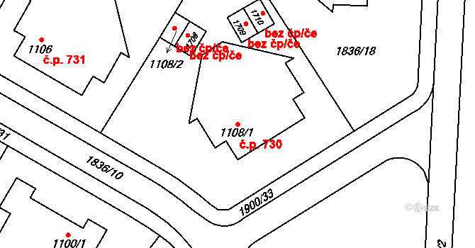 Uničov 730 na parcele st. 1108/1 v KÚ Uničov, Katastrální mapa