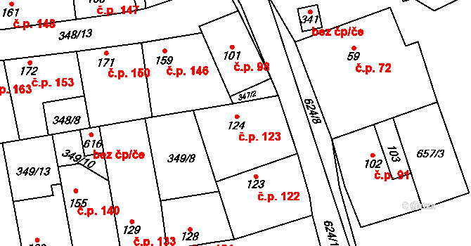 Čížkovice 123 na parcele st. 124 v KÚ Čížkovice, Katastrální mapa