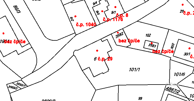 Rožnov pod Radhoštěm 29 na parcele st. 6 v KÚ Rožnov pod Radhoštěm, Katastrální mapa