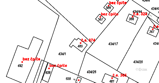 Klenovice 374, Milešov na parcele st. 480 v KÚ Orlické Zlákovice, Katastrální mapa