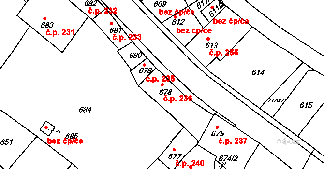 Březnice 236 na parcele st. 678 v KÚ Březnice, Katastrální mapa