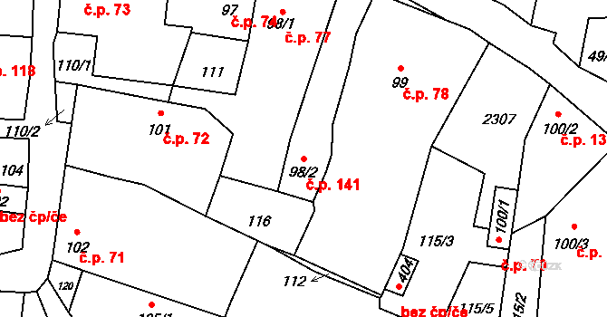 Borotín 141 na parcele st. 98/2 v KÚ Borotín u Tábora, Katastrální mapa