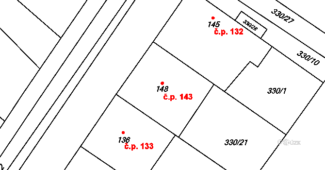 Choťánky 143 na parcele st. 148 v KÚ Choťánky, Katastrální mapa